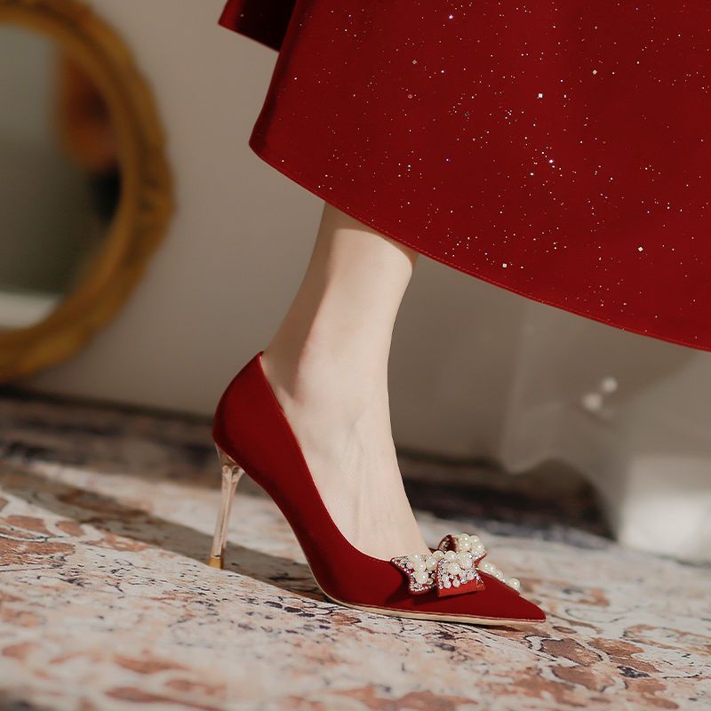 气质红色婚鞋高跟鞋法式2022年新款女水钻细跟秀禾婚纱两穿新娘鞋