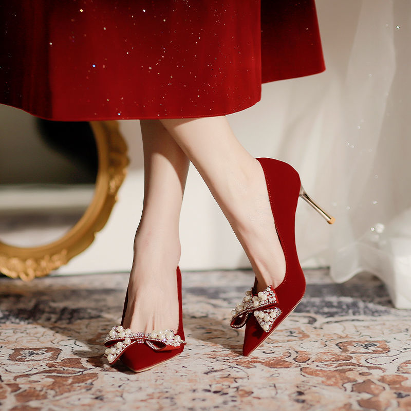 气质红色婚鞋高跟鞋法式2022年新款女水钻细跟秀禾婚纱两穿新娘鞋