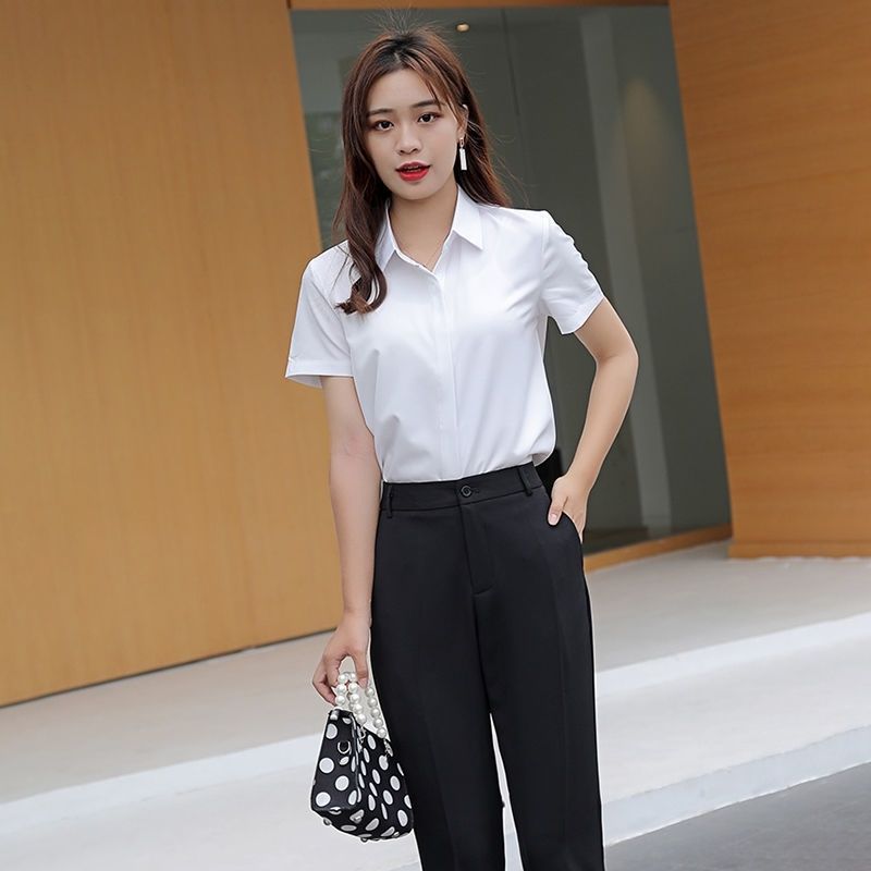 Chiffon short-sleeved shirt women's summer interview white work clothes loose drape professional dress large size solid color shirt