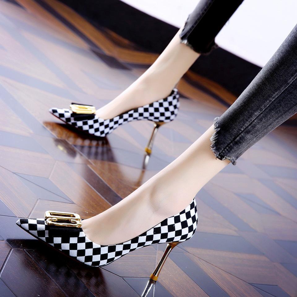British color matching lattice metal buckle pointed high-heeled shoes 2023 spring net red street shooting sexy stiletto shoes women