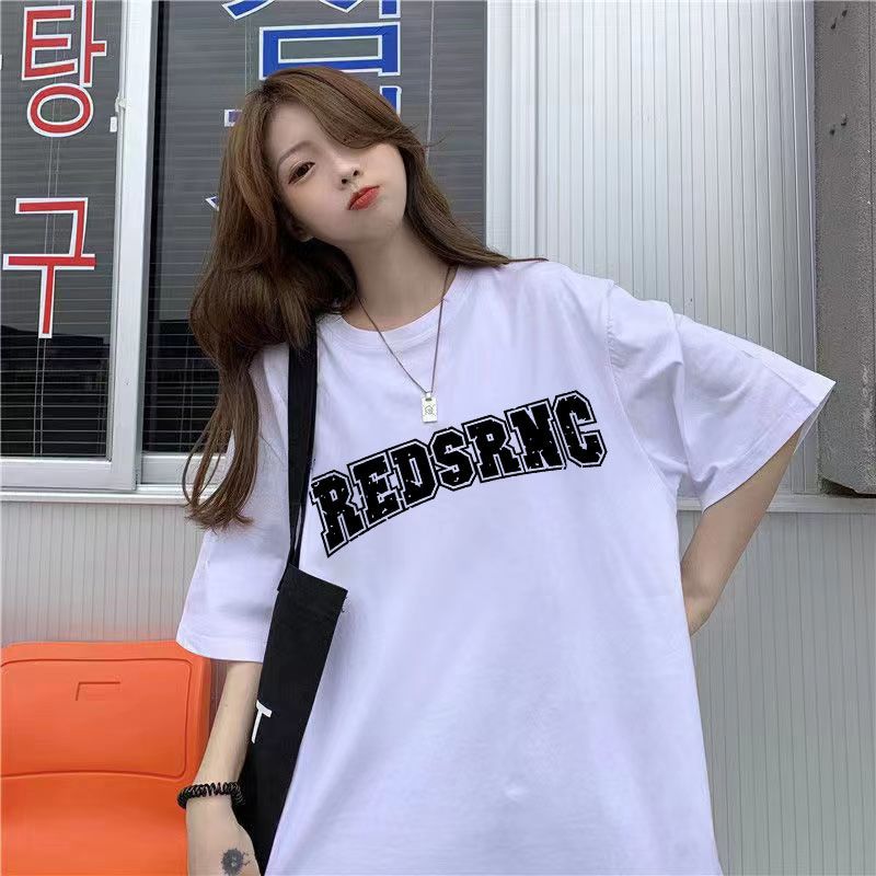 Harajuku cotton short sleeve T-shirt female Korean version of loose long ins trend round neck half sleeve jacket summer new