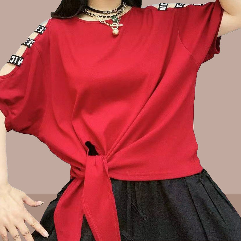 Large size short-sleeved T-shirt women's Korean version all-match 2023 summer new loose women's clothing age-reducing strapless top women's ins tide