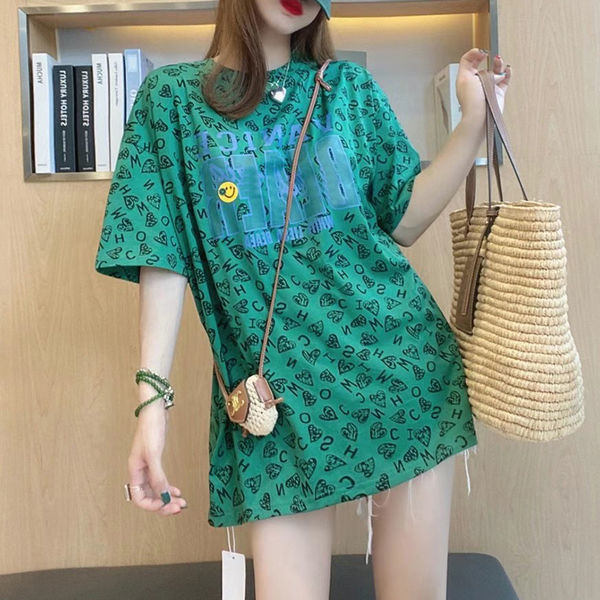 2023 summer new foreign style short-sleeved mid-length t-shirt women's clothing large size fat mm loose top 200 catties 300