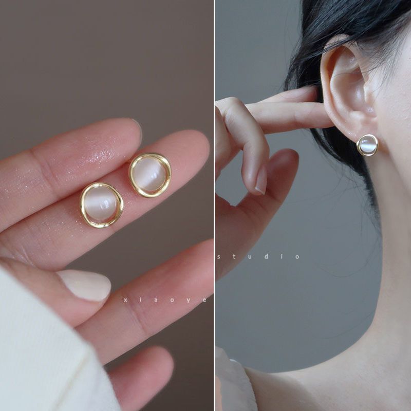 S925銀貓眼石耳釘女韓國網紅氣質耳環小眾設計感飾品2022年新款