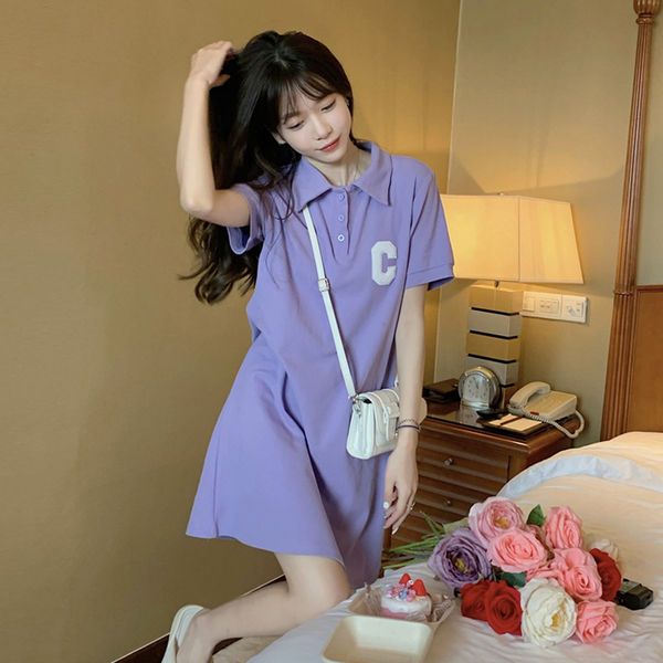 Summer plus-size women's mid-length loose foreign style Polo collar short-sleeved T-shirt skirt fat mm thin dress 200 catties