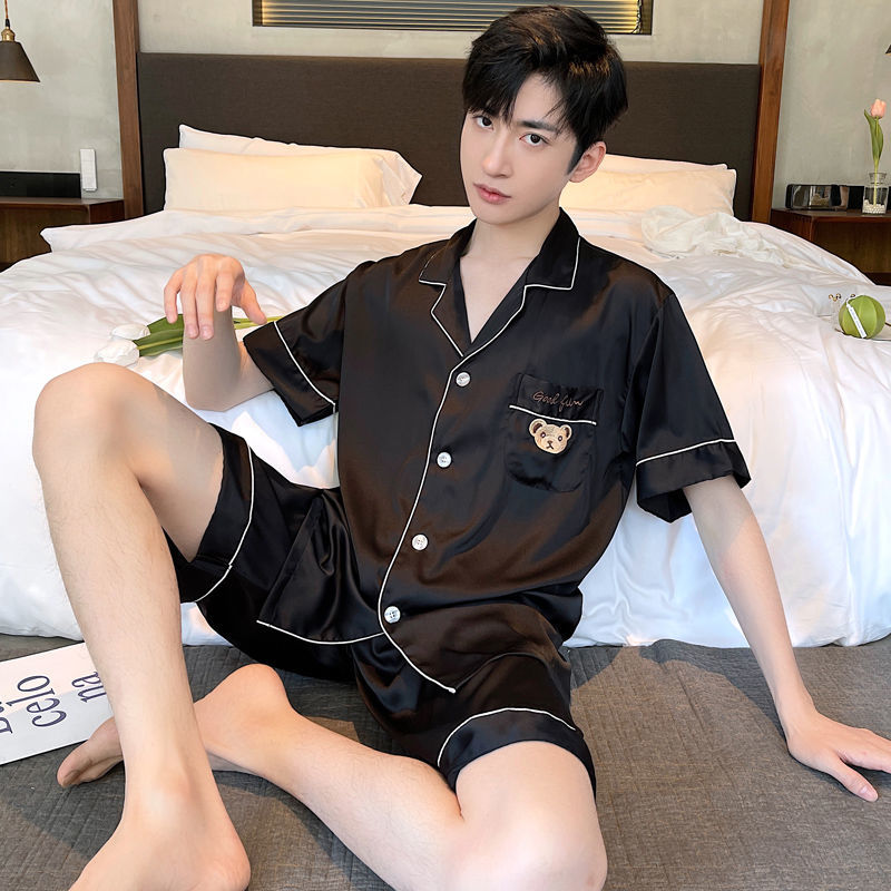 男士冰絲睡衣夏季短袖薄款涼快男式卡通絲綢大碼家居服套裝春夏天