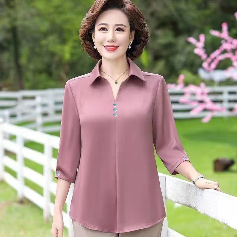 中年媽媽夏裝七分袖新款套頭V領小襯衫純色透氣大碼寬鬆氣質女裝