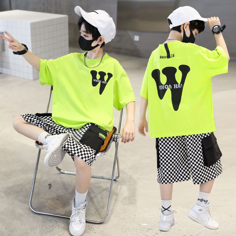 男童套裝夏季2023新款中大童兒童帥氣短袖兩件套男孩網紅炸街套裝