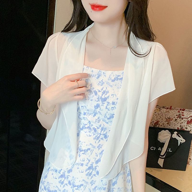 夏季防曬衣女短袖雪紡開衫短款薄外套配吊帶裙的外搭小披肩空調衫