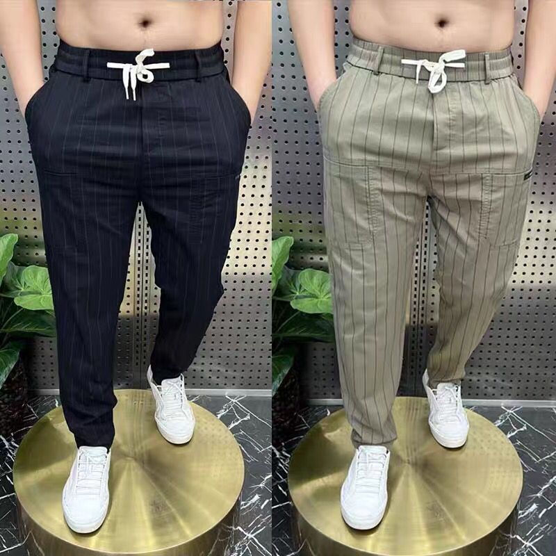 Men's casual pants spring and summer 2022 new loose trendy all-match thin vertical stripes six-pocket straight pants