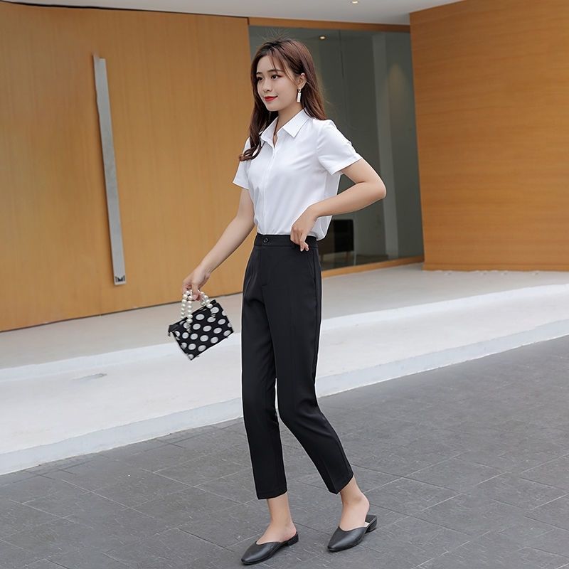 Chiffon short-sleeved shirt women's summer interview white work clothes loose drape professional dress large size solid color shirt