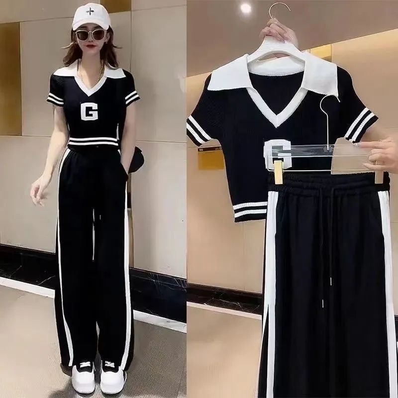 Suit women's summer new top design sense niche ins sweet and spicy splicing wide-leg pants women's two-piece fashion