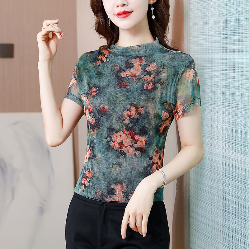 雙層網紗印花T恤女短袖2022夏季新款半高領顯瘦網眼上衣小衫潮