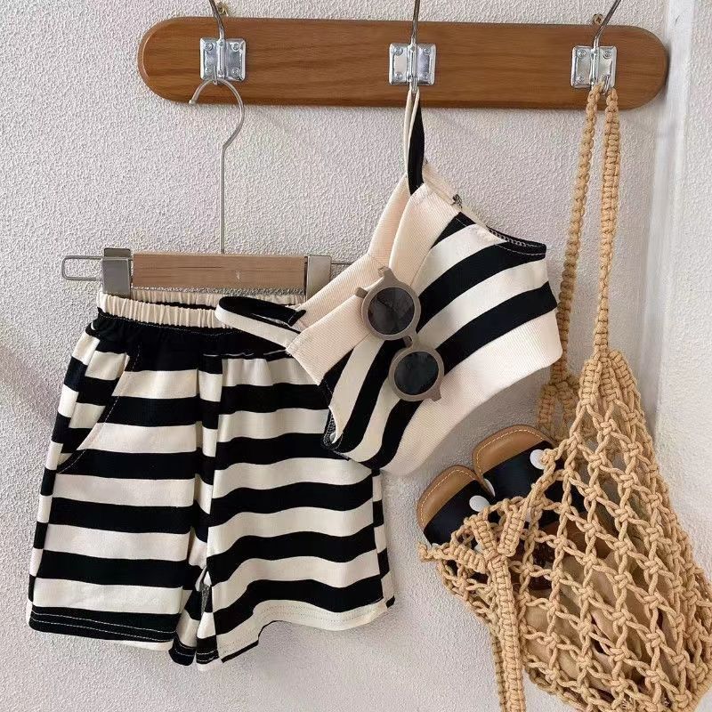 Girls' new summer striped camisole shorts suit baby foreign style fashion trend small fragrance two-piece set