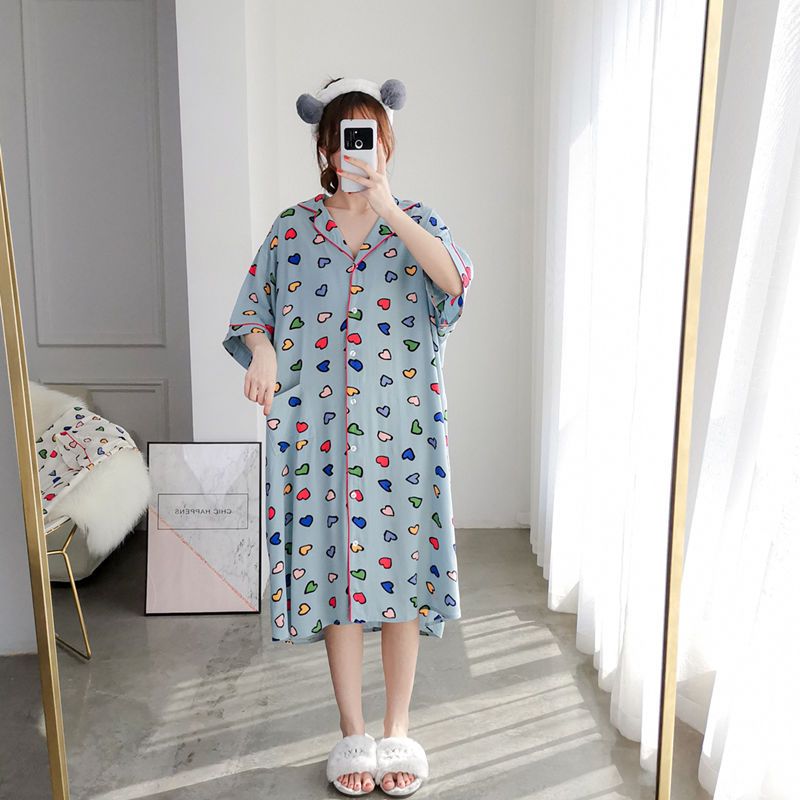 Large size short-sleeved nightdress summer cardigan pajamas loose Korean version of age-reducing fat MM home service 200 catties 300ins style