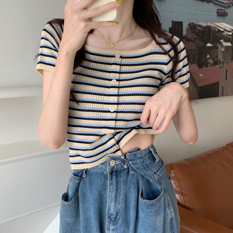 Square collar striped knitted short-sleeved T-shirt women's summer 2022 new design sense niche front shoulder short top tide