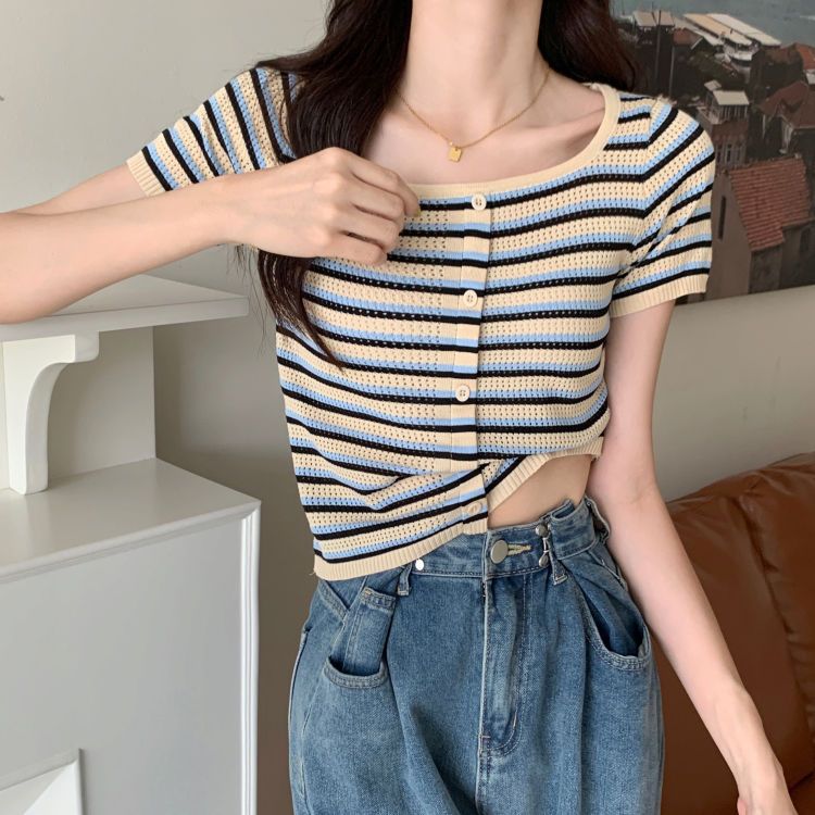 Square collar striped knitted short-sleeved T-shirt women's summer 2022 new design sense niche front shoulder short top tide