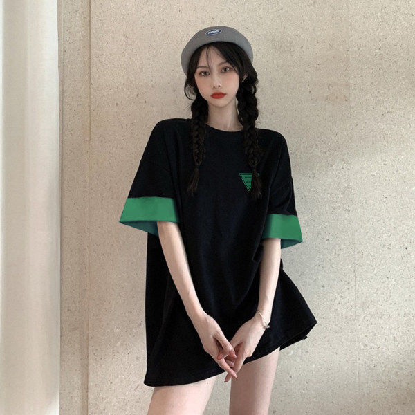 Large size women's summer new Korean version loose black belly cover thin mm short-sleeved T-shirt top 200 catties 300