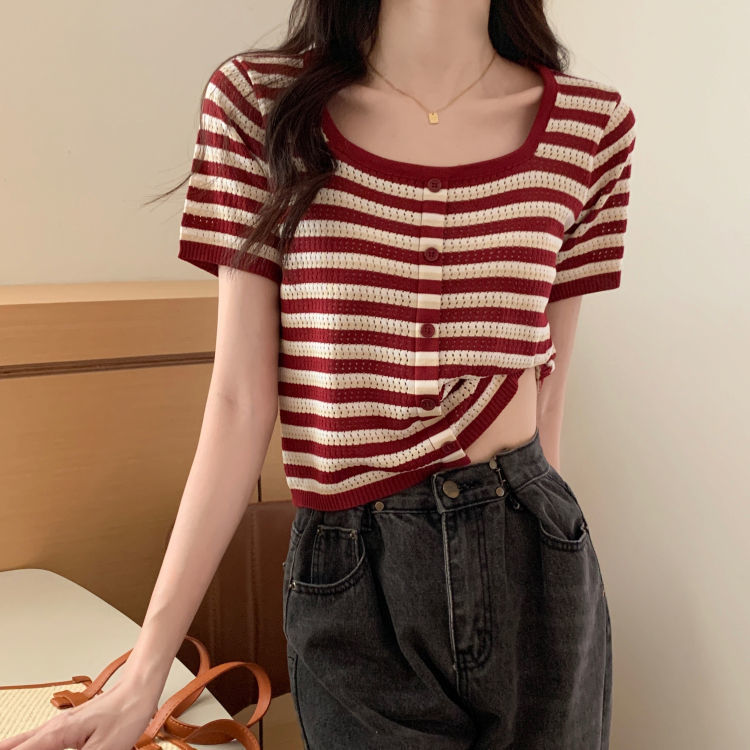 Square collar striped knitted short-sleeved T-shirt women's summer 2022 new design sense niche front shoulder short top tide