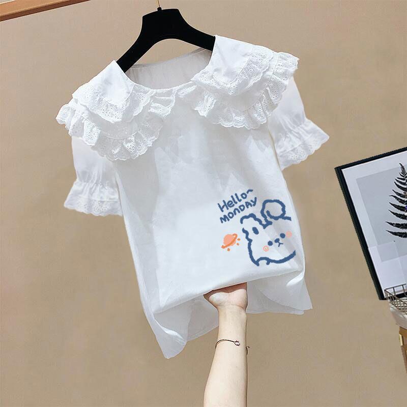 韩版时尚印花衬衫女童2023夏季新款洋气儿童装上衣短袖衬衣潮