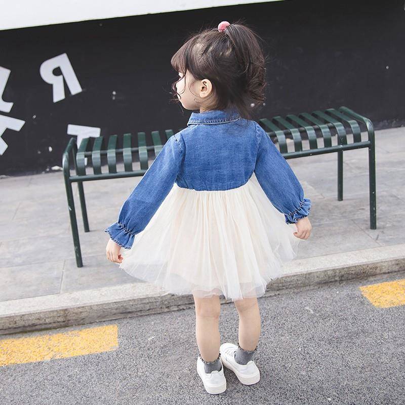 Girls dress autumn style 2023 long-sleeved denim mesh skirt Korean style casual baby girl skirt princess skirt foreign style
