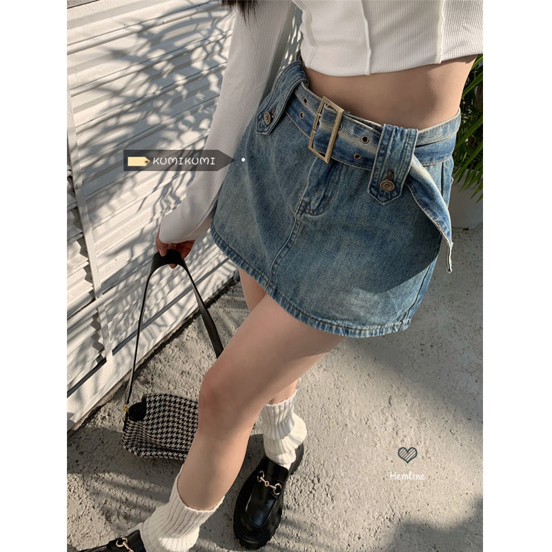 American retro coffee-colored denim skirt for women in summer high-waisted hottie overalls with hip-covering A-line miniskirts