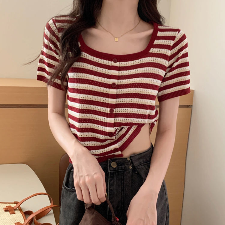 Square collar striped knitted short-sleeved T-shirt women's summer 2022 new design sense niche front shoulder short top tide