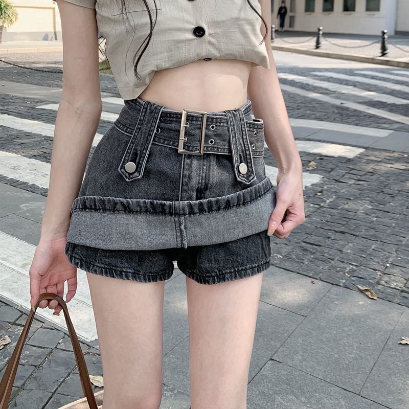 American retro coffee-colored denim skirt for women in summer high-waisted hottie overalls with hip-covering A-line miniskirts