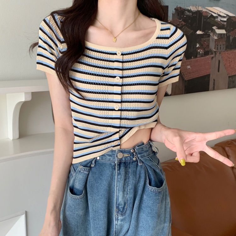 Square collar striped knitted short-sleeved T-shirt women's summer 2022 new design sense niche front shoulder short top tide