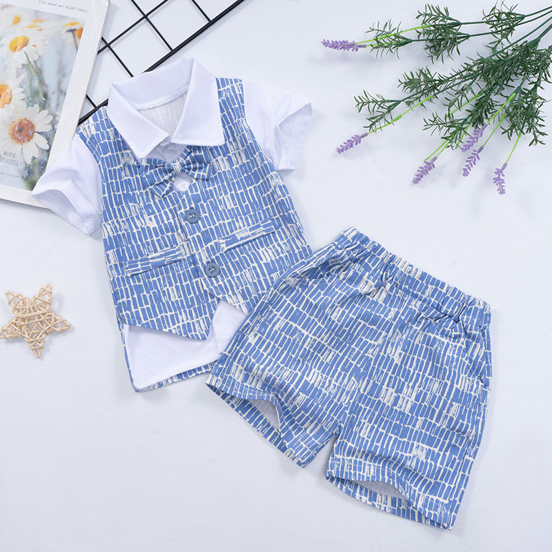  new summer baby boy short-sleeved fake two-piece suit bow vest English two-piece suit handsome