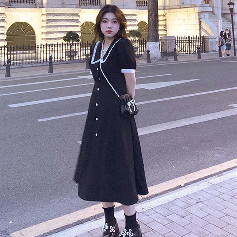 大碼女裝黑色娃娃領連衣裙女收腰顯瘦2023夏新款法式純欲風公主裙