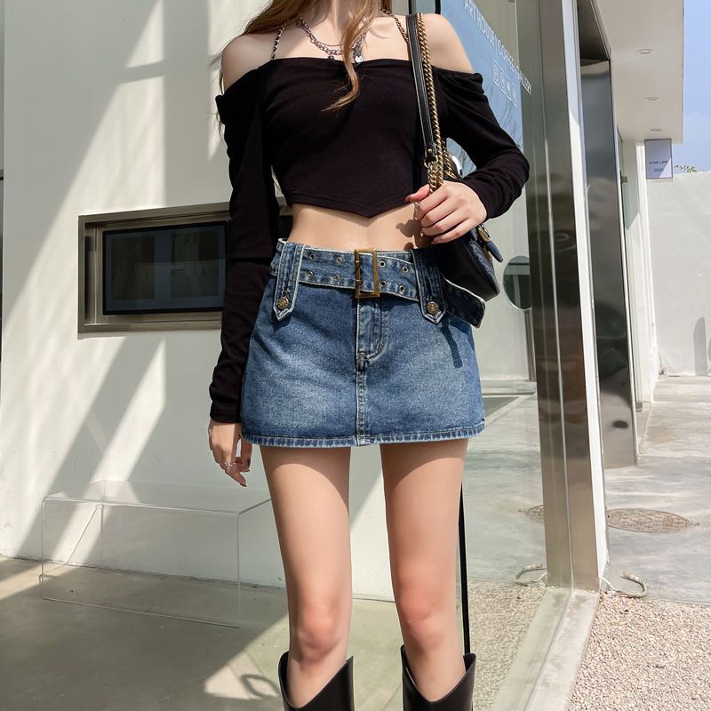 American retro coffee-colored denim skirt for women in summer high-waisted hottie overalls with hip-covering A-line miniskirts