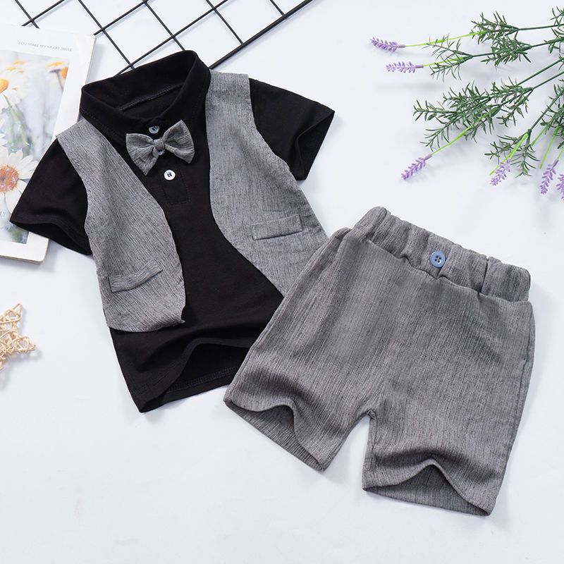  new summer baby boy short-sleeved fake two-piece suit bow vest English two-piece suit handsome