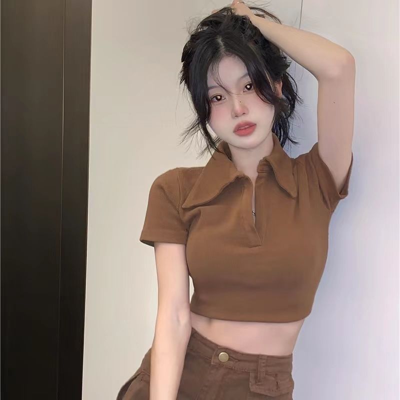Sweet cool hot girl short-sleeved T-shirt female Polo collar summer new retro high waist navel sexy brown short top