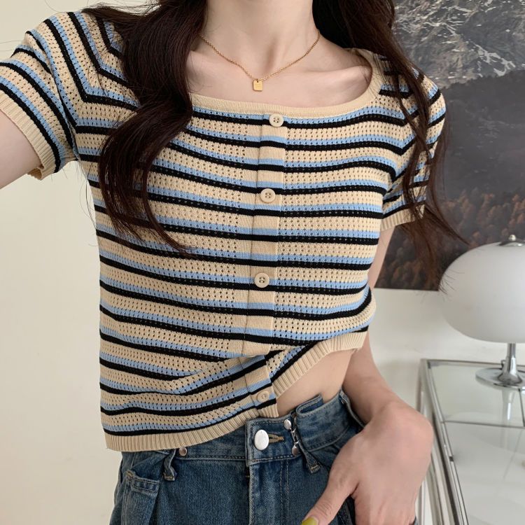 Square collar striped knitted short-sleeved T-shirt women's summer 2022 new design sense niche front shoulder short top tide