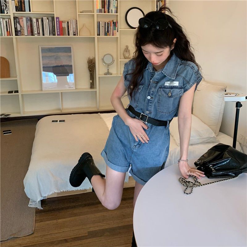 Work clothes cowboy Jumpsuit women's summer hot girl style loose wide leg pants retro sleeveless Jumpsuit shorts suit fashion