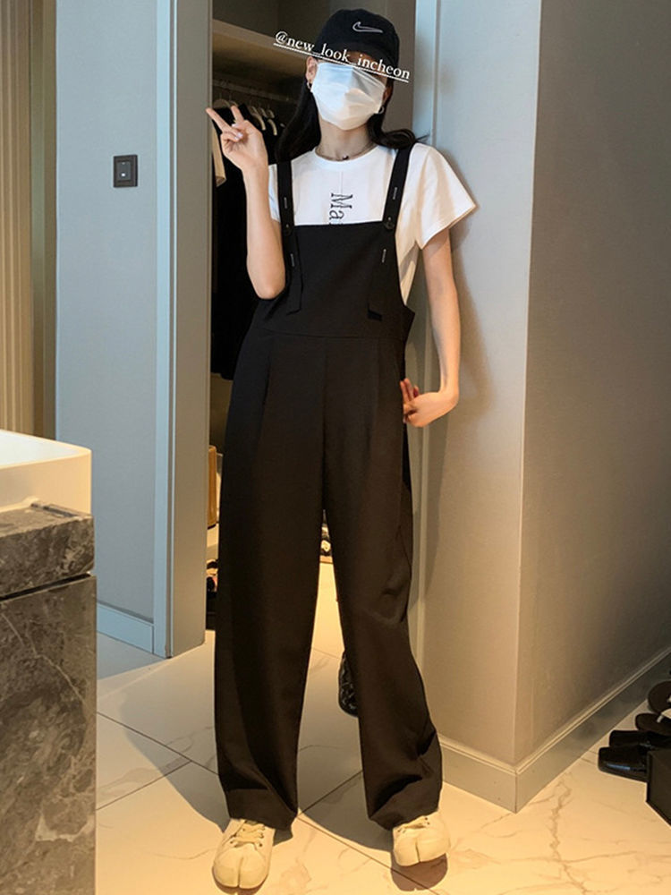 Black suit overalls women's new design sense wide-leg pants loose Korean version slim drape jumpsuit mopping pants