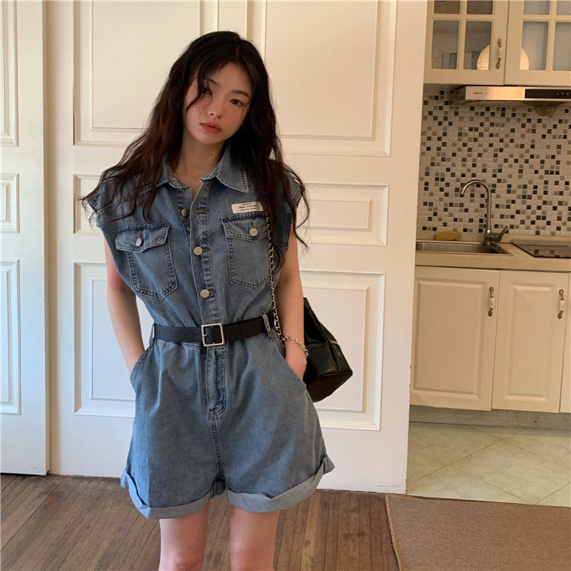 Work clothes cowboy Jumpsuit women's summer hot girl style loose wide leg pants retro sleeveless Jumpsuit shorts suit fashion