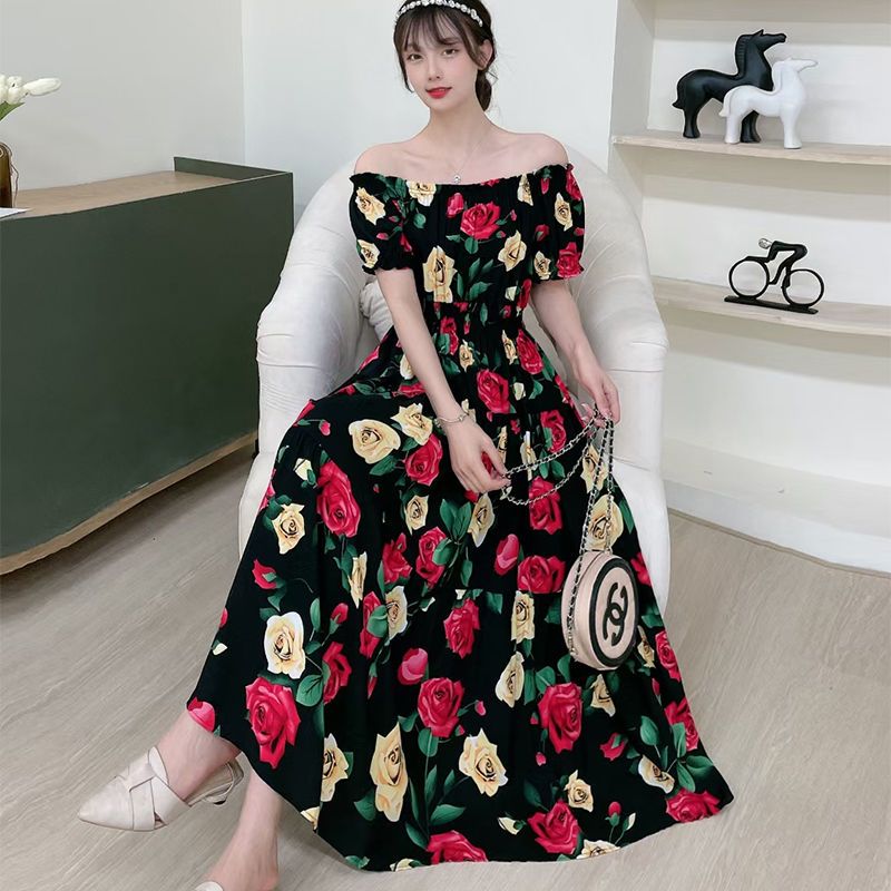 The Republic of China style high-end cotton silk dress seaside vacation beach long skirt floral high waist fairy skirt summer
