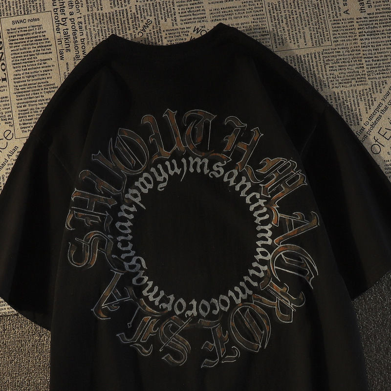 American hiphop short-sleeved T-shirt men's trendy ins loose student couple retro half-sleeved round neck top pure cotton 100%