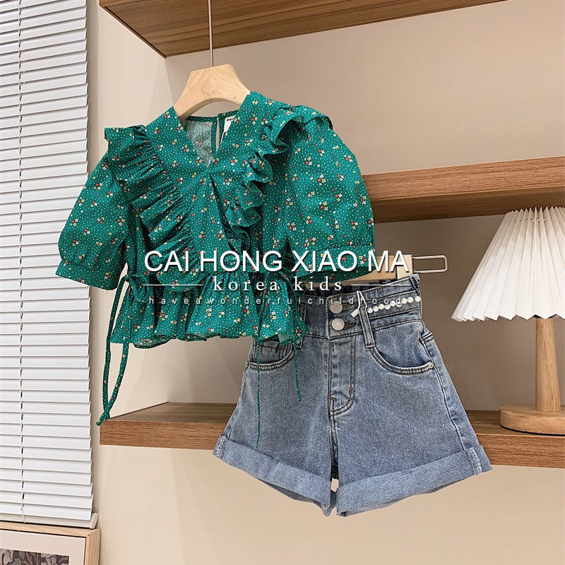 Korean children's clothing 2022 summer girls foreign style suit little girl floral lotus leaf edge puff sleeve shirt two-piece set