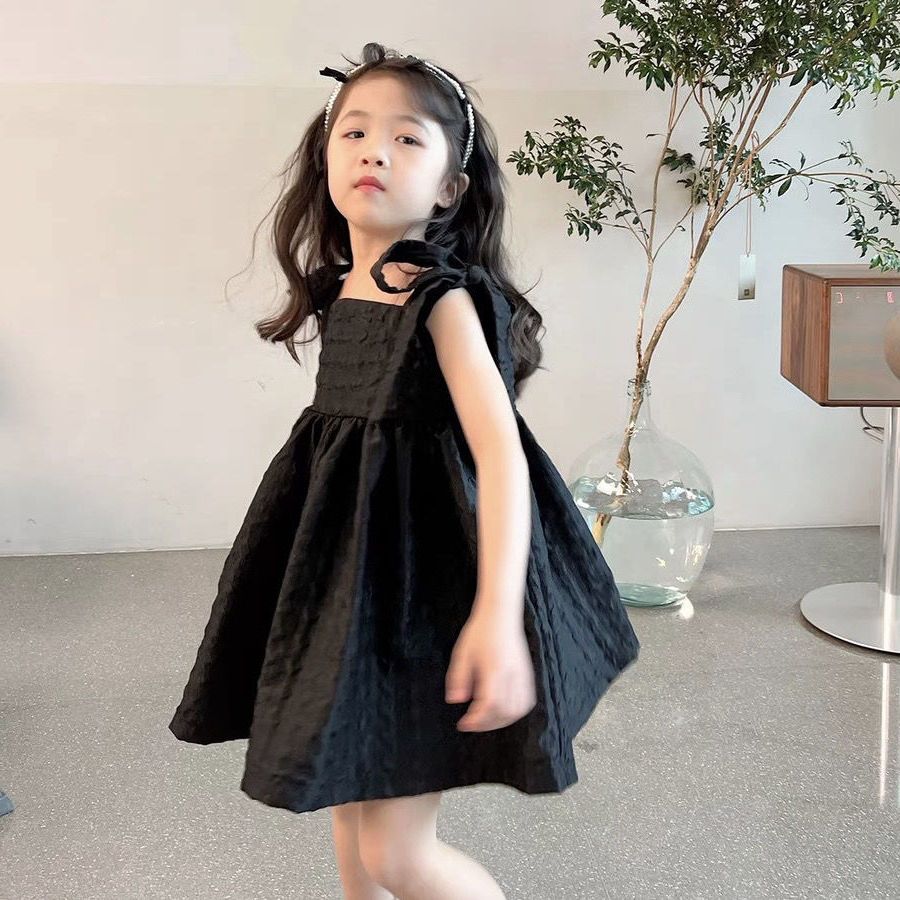 女童連衣裙夏季2023新款洋氣法式吊帶背心裙兒童黑色禮服公主裙子