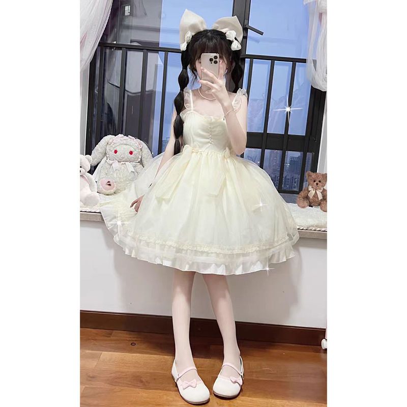 Japanese sweet and cute soft girl waist slimming mesh suspender dress female student summer small princess dress