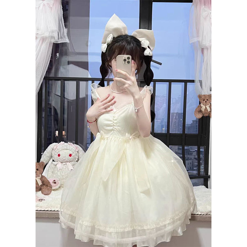 Japanese sweet and cute soft girl waist slimming mesh suspender dress female student summer small princess dress