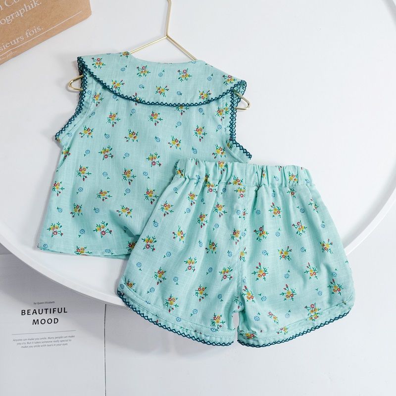 2022 summer new suit female baby Korean version sleeveless doll collar suit all-match floral shorts two-piece trendy