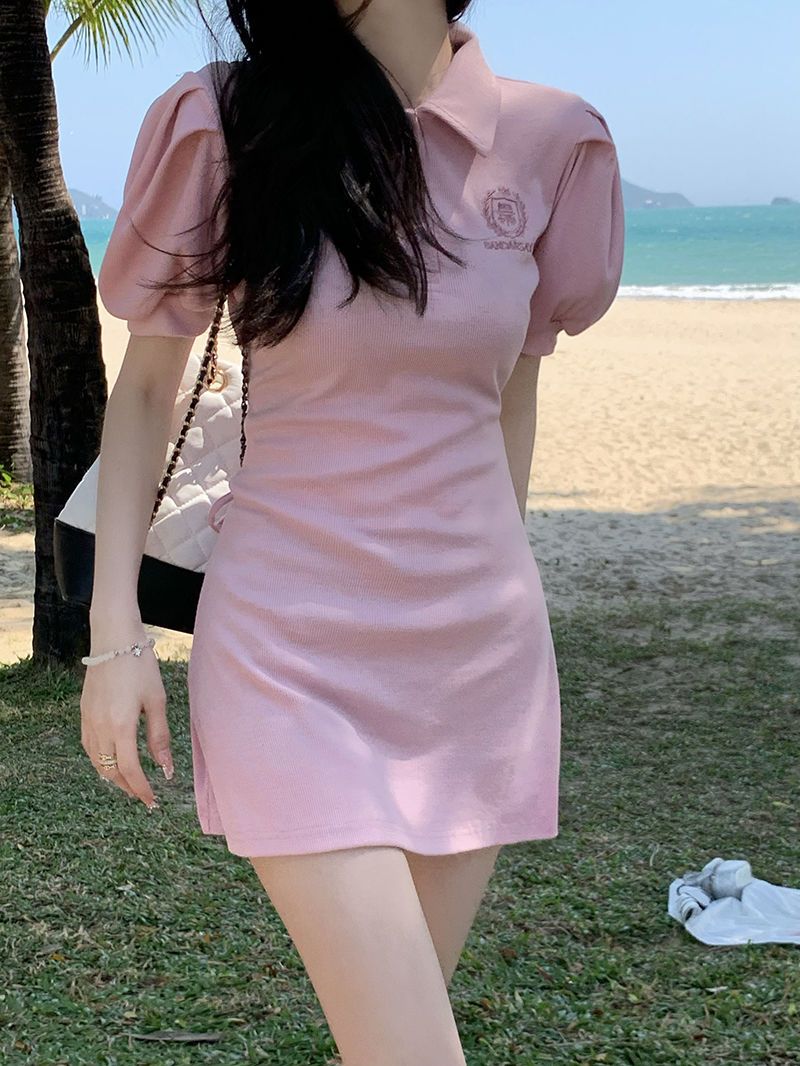 Pure desire waist POLO collar dress female summer new slim sweet hot girl small puff sleeve bag hip skirt