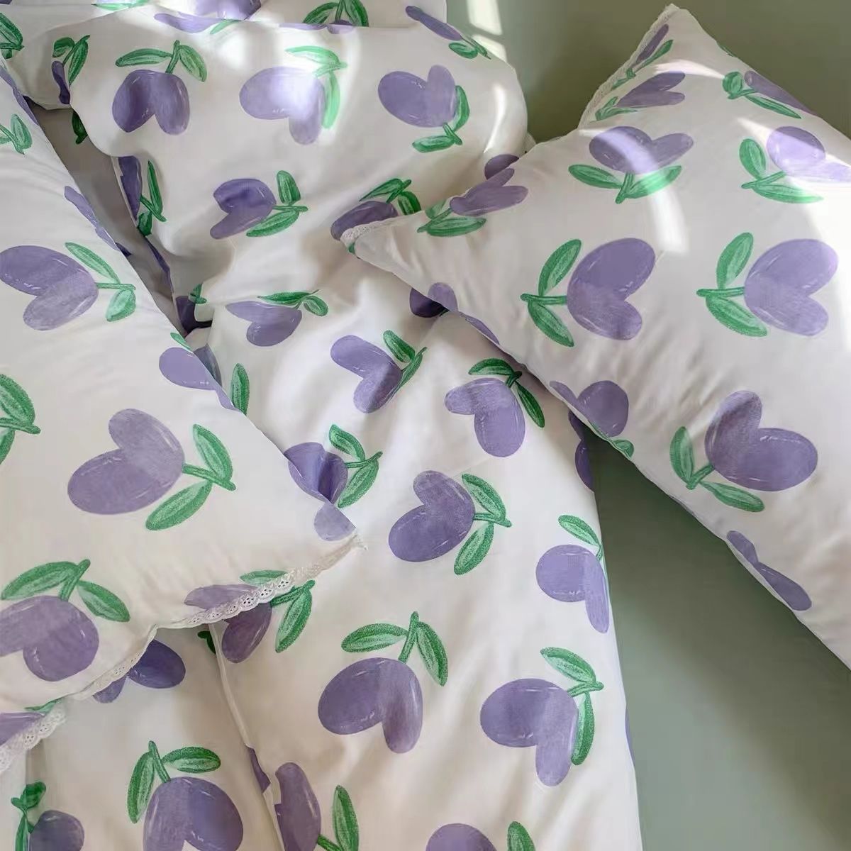 ins夏季紫色小碎花床上四件套水洗棉被套床单学生宿舍三件套床品