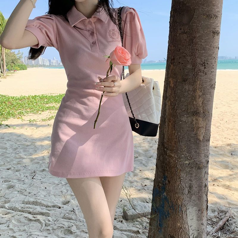 Waist POLO collar short-sleeved dress women's summer new slim sweet hot girl puff sleeves pure desire wind bag hip skirt