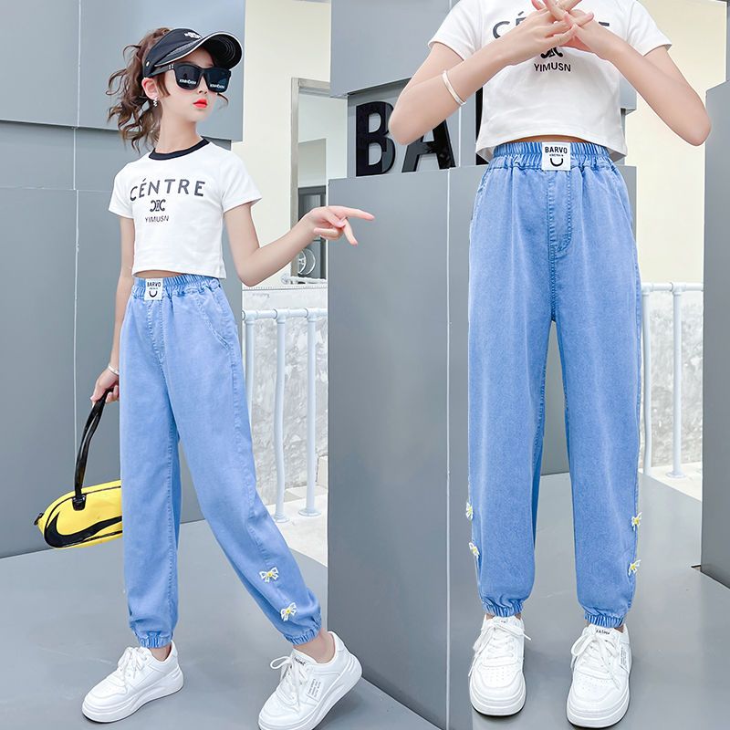 女童褲子夏季2023新款兒童防蚊褲夏裝薄款休閒褲外穿天絲牛仔褲潮