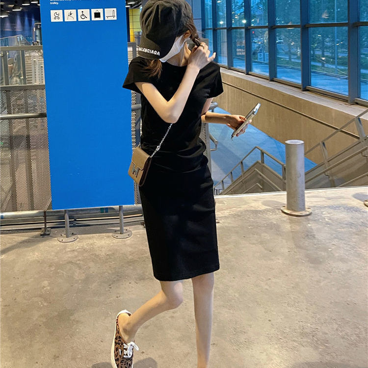 French niche design round neck slim fit straight short T-shirt skirt short-sleeved women's 2022 new dress summer